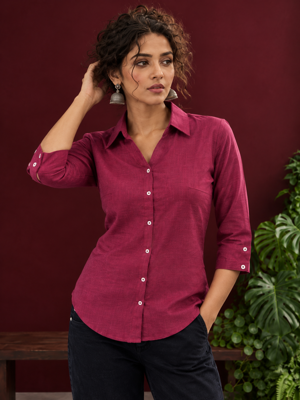 Classic Magenta Solid Cotton Shirt with Collar and Three-Quarter Sleeves — styled view — view 3