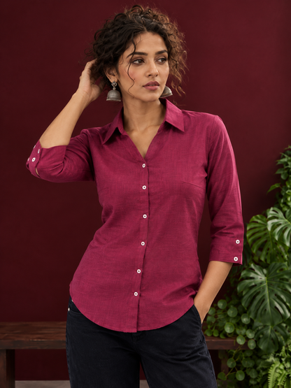 Classic Magenta Solid Cotton Shirt with Collar and Three-Quarter Sleeves — styled view