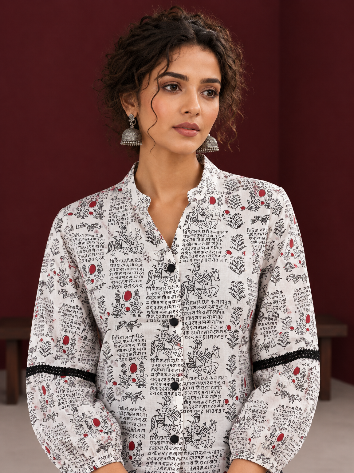 White Cotton Shirt with Warli Print, Mandarin Collar & Crochet Trimmed Full Sleeves — fabric detail — view 3