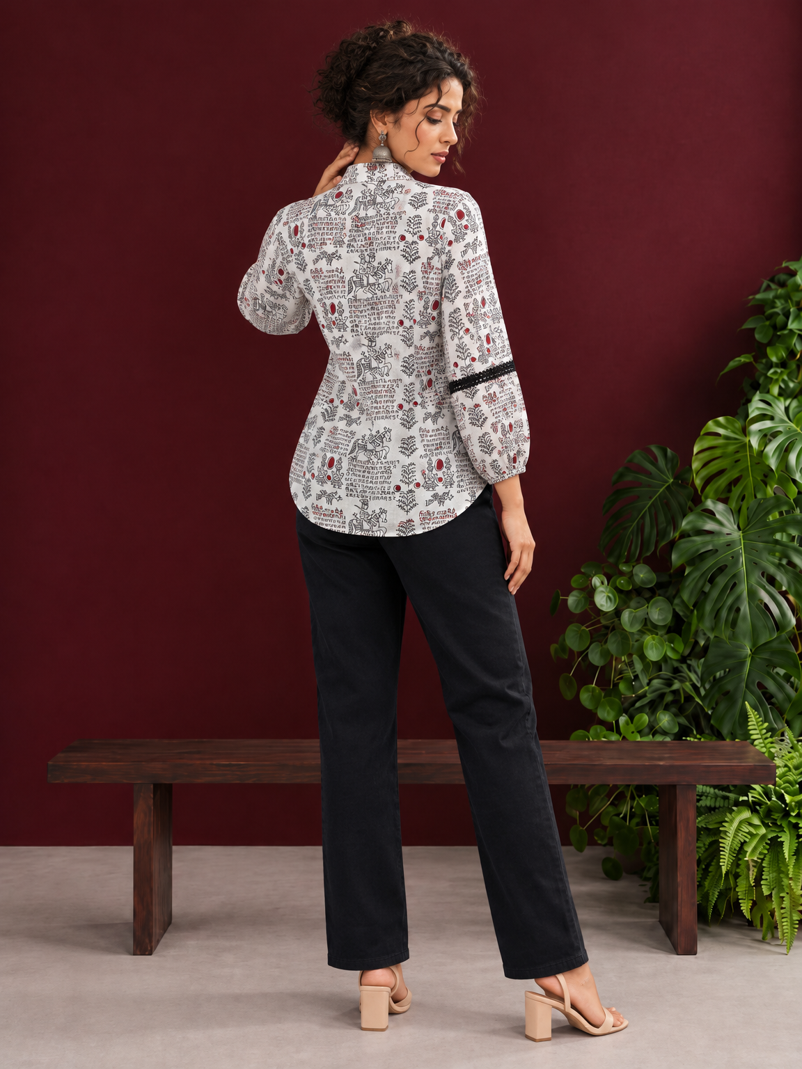 White Cotton Shirt with Warli Print, Mandarin Collar & Crochet Trimmed Full Sleeves — back view — view 5