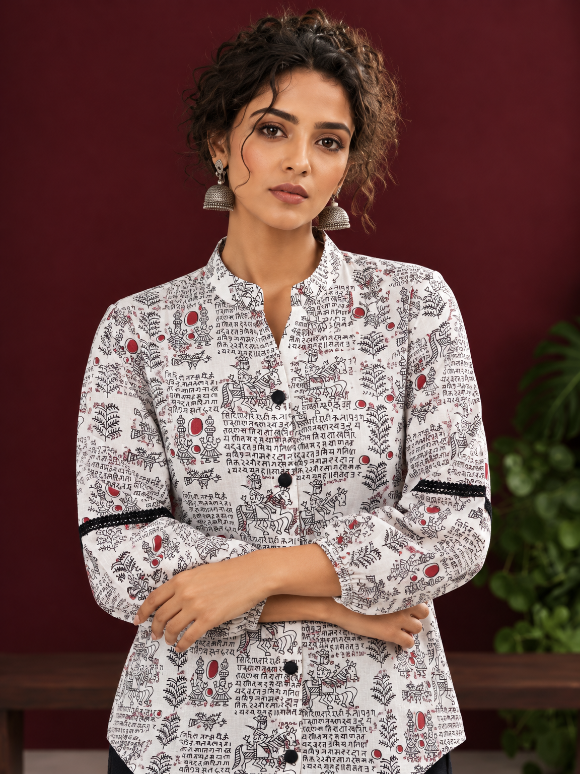 White Cotton Shirt with Warli Print, Mandarin Collar & Crochet Trimmed Full Sleeves — styled view — view 4