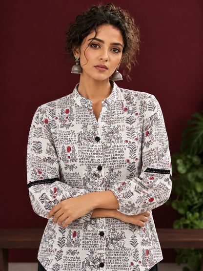 White Cotton Shirt with Warli Print, Mandarin Collar & Crochet Trimmed Full Sleeves — styled view