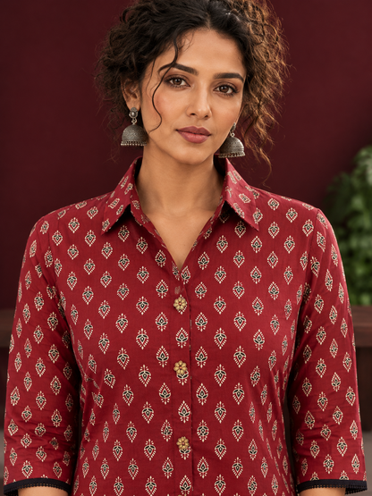 Classic Maroon Cotton Shirt with Ajrakh Print & Contrast Black Lace Trim Cuffs — fabric detail