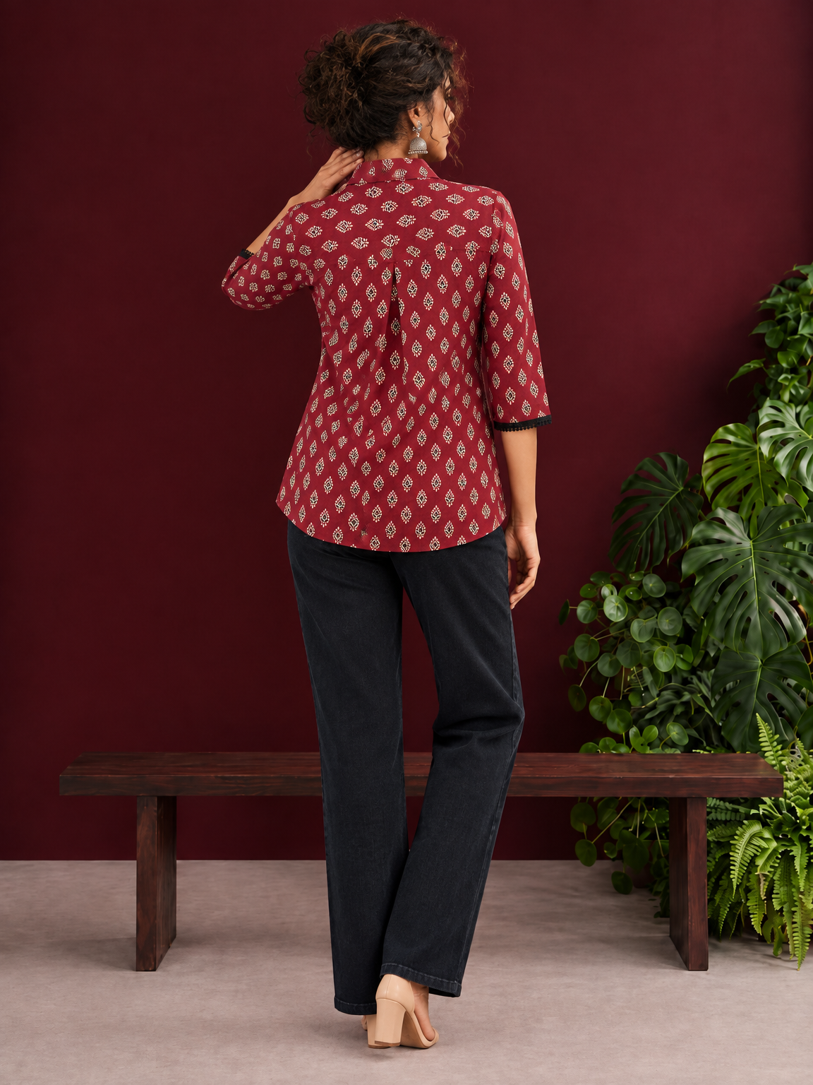 Classic Maroon Cotton Shirt with Ajrakh Print & Contrast Black Lace Trim Cuffs — back view — view 5