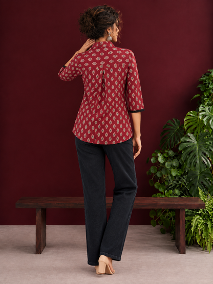 Classic Maroon Cotton Shirt with Ajrakh Print & Contrast Black Lace Trim Cuffs — back view