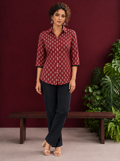 Classic Maroon Cotton Shirt with Ajrakh Print & Contrast Black Lace Trim Cuffs — front view