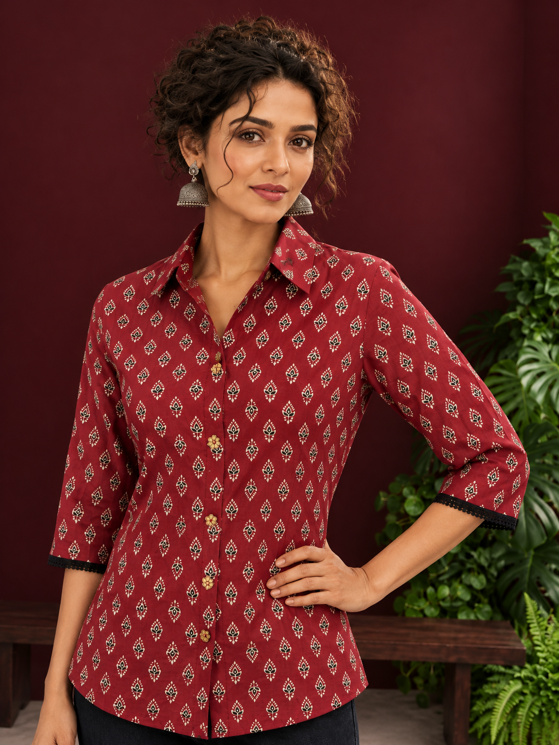Classic Maroon Cotton Shirt with Ajrakh Print & Contrast Black Lace Trim Cuffs — styled view — view 4
