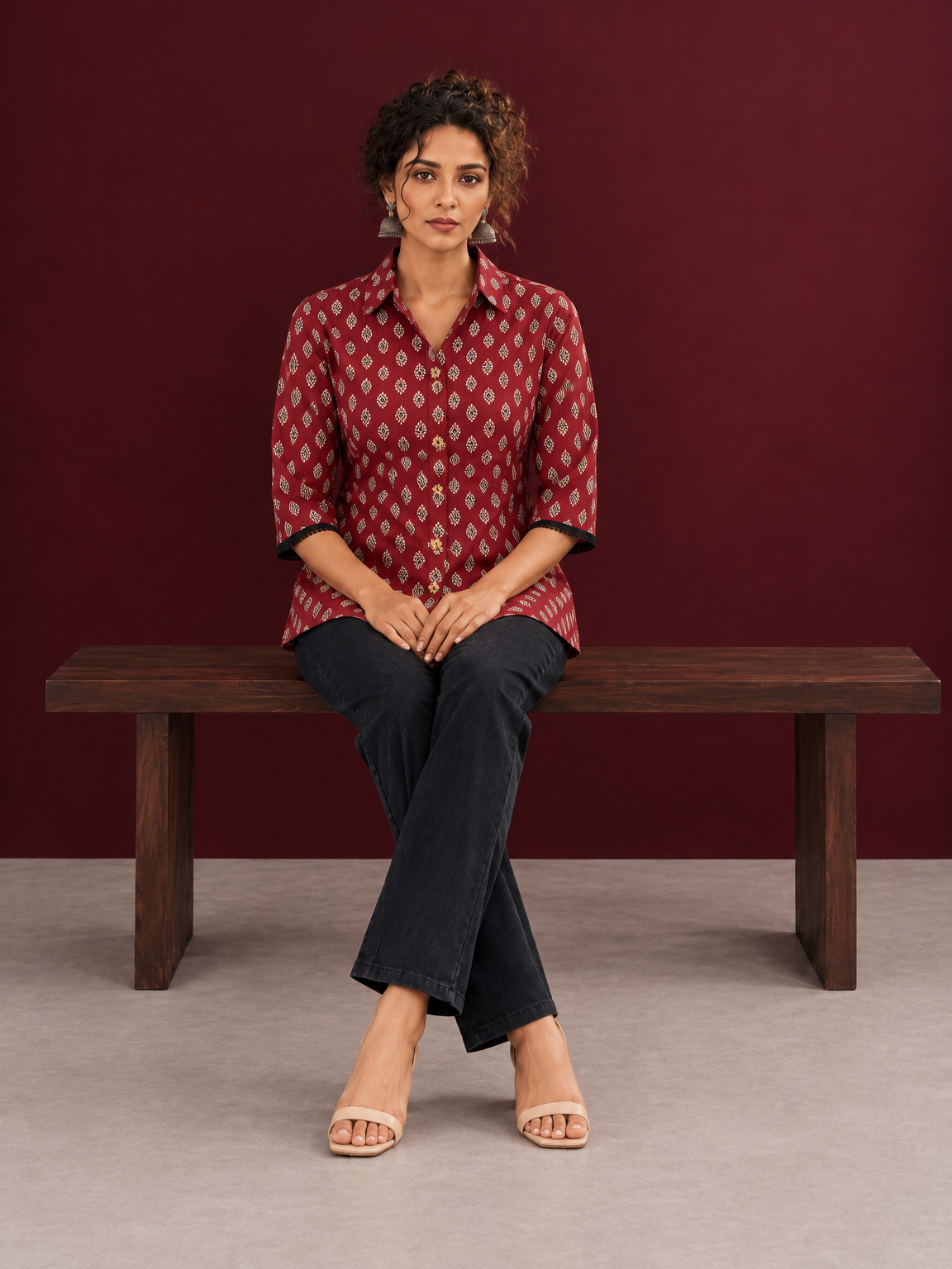 Classic Maroon Cotton Shirt with Ajrakh Print & Contrast Black Lace Trim Cuffs