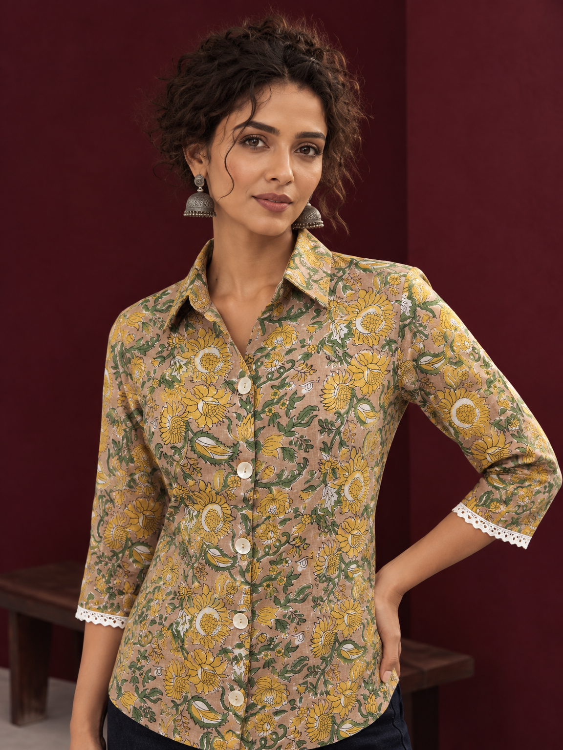 Light Yellow Cotton Shirt with Floral Print & White Crochet Lace Sleeve Trim — styled view — view 4