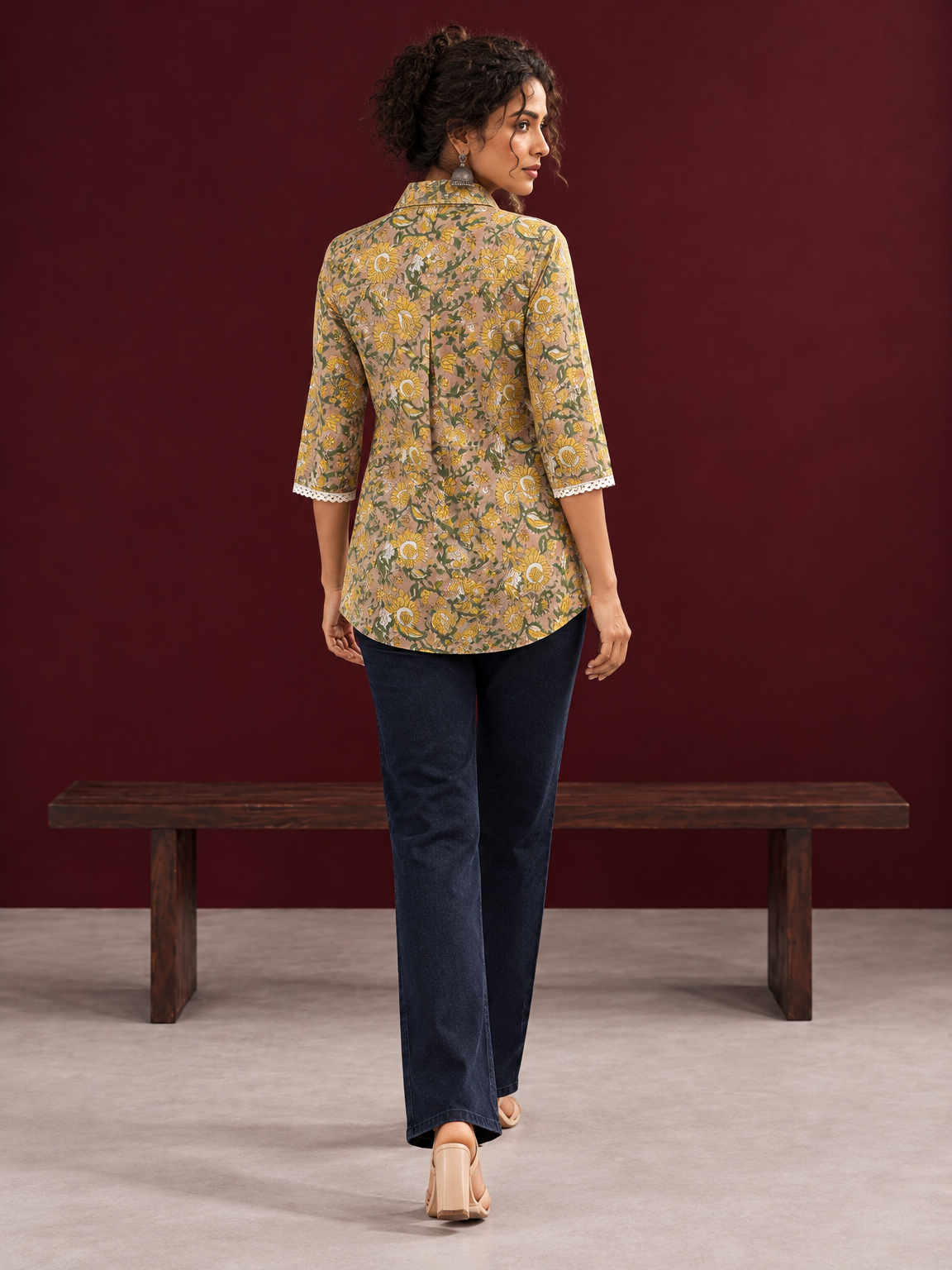 Light Yellow Cotton Shirt with Floral Print & White Crochet Lace Sleeve Trim — back view — view 5