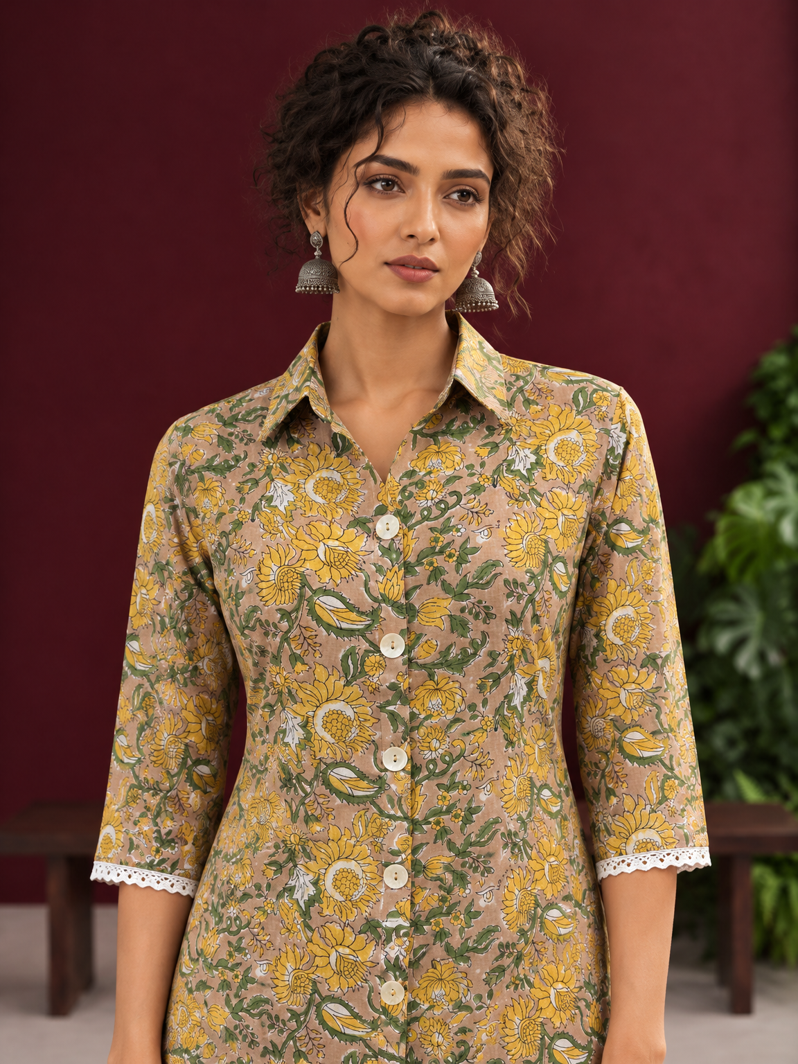 Light Yellow Cotton Shirt with Floral Print & White Crochet Lace Sleeve Trim — fabric detail — view 3