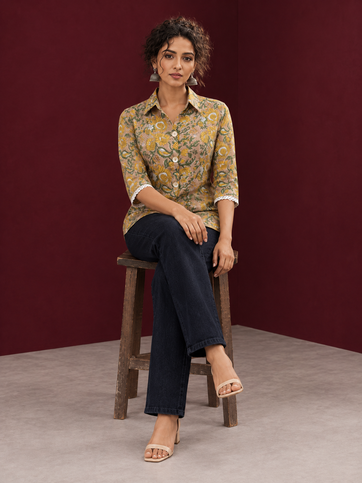 Light Yellow Cotton Shirt with Floral Print & White Crochet Lace Sleeve Trim — seated — view 2
