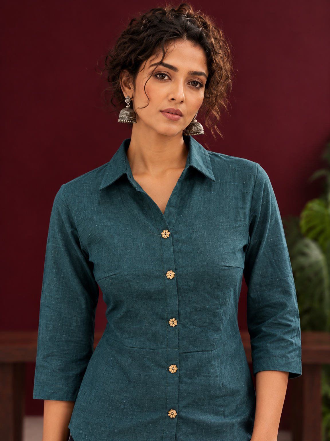 Timeless Teal Blue Cotton Shirt with Collared Neckline and Contrast Floral Buttons — fabric detail — view 3