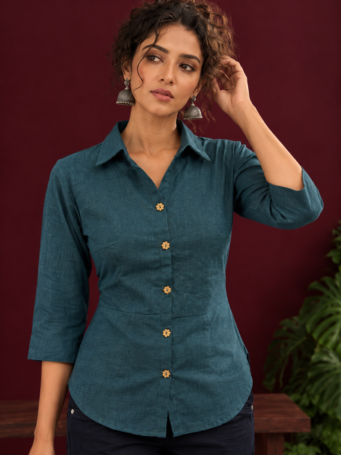Timeless Teal Blue Cotton Shirt with Collared Neckline and Contrast Floral Buttons — styled view — view 4