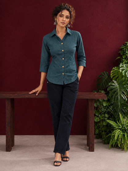 Timeless Teal Blue Cotton Shirt with Collared Neckline and Contrast Floral Buttons — front view