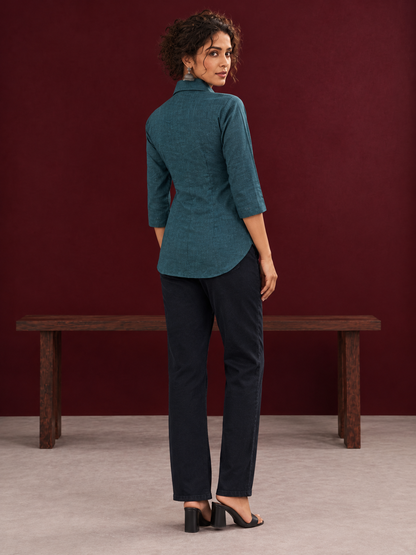 Timeless Teal Blue Cotton Shirt with Collared Neckline and Contrast Floral Buttons — back view