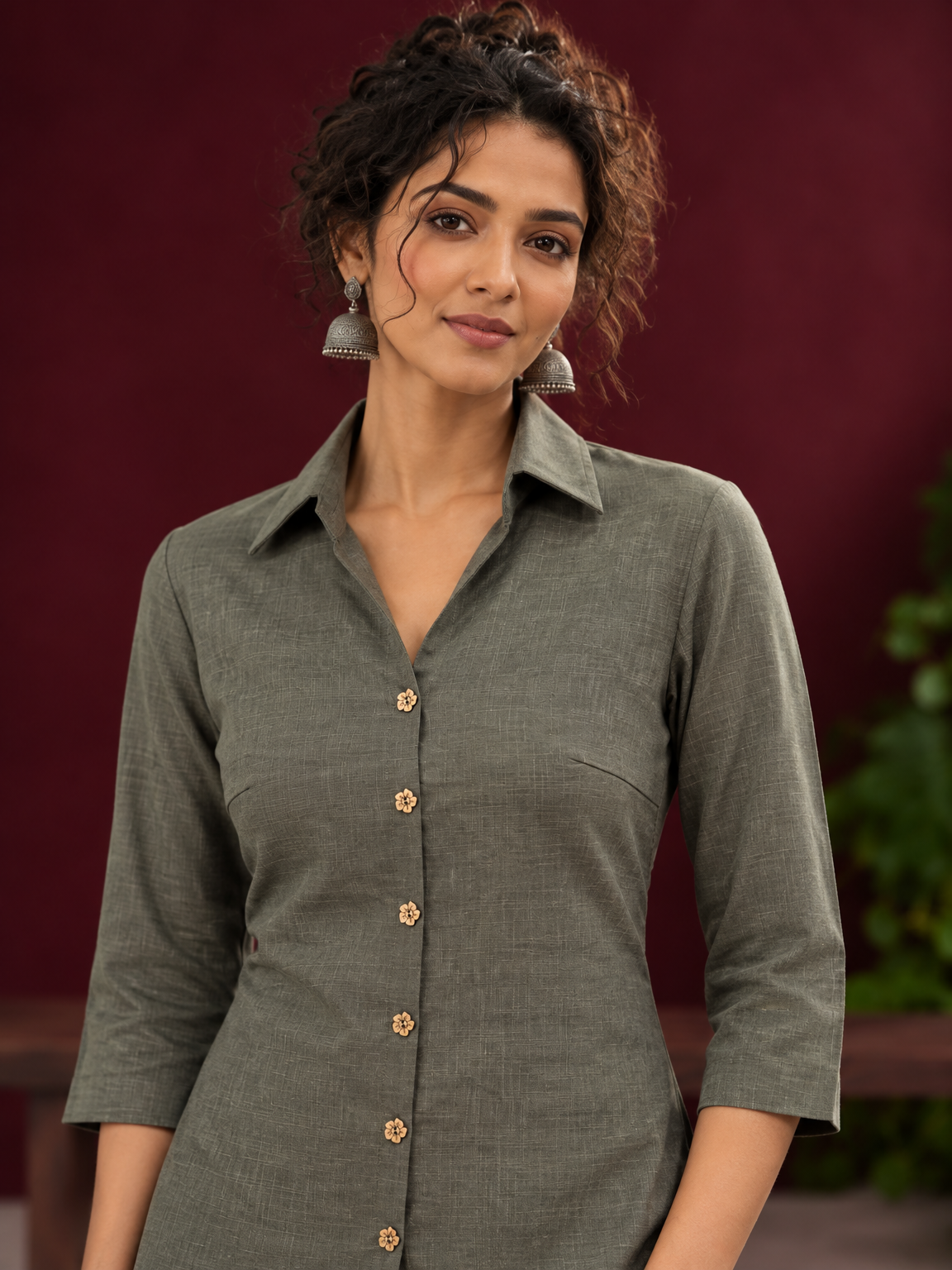 Classic Grey Cotton Shirt with Collared Neckline and Floral Wooden Button Detailing — fabric detail — view 3