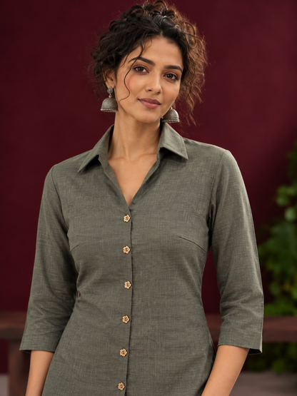Classic Grey Cotton Shirt with Collared Neckline and Floral Wooden Button Detailing — fabric detail
