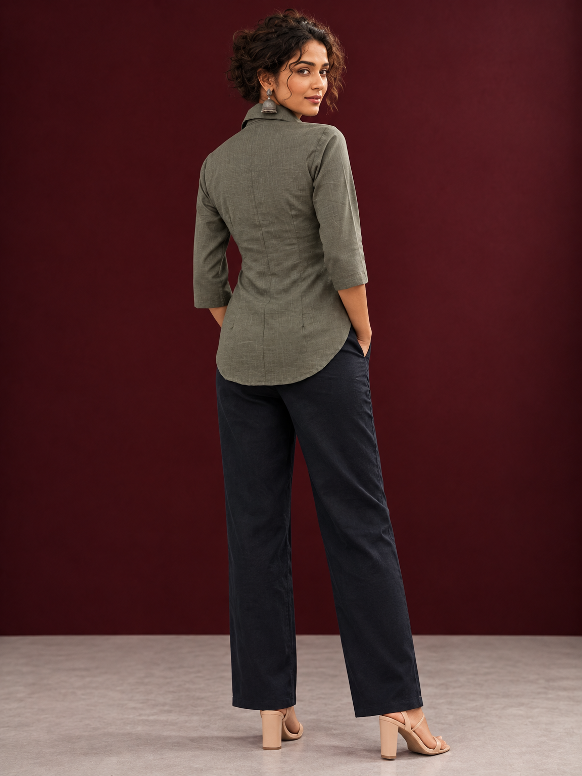 Classic Grey Cotton Shirt with Collared Neckline and Floral Wooden Button Detailing — back view — view 5