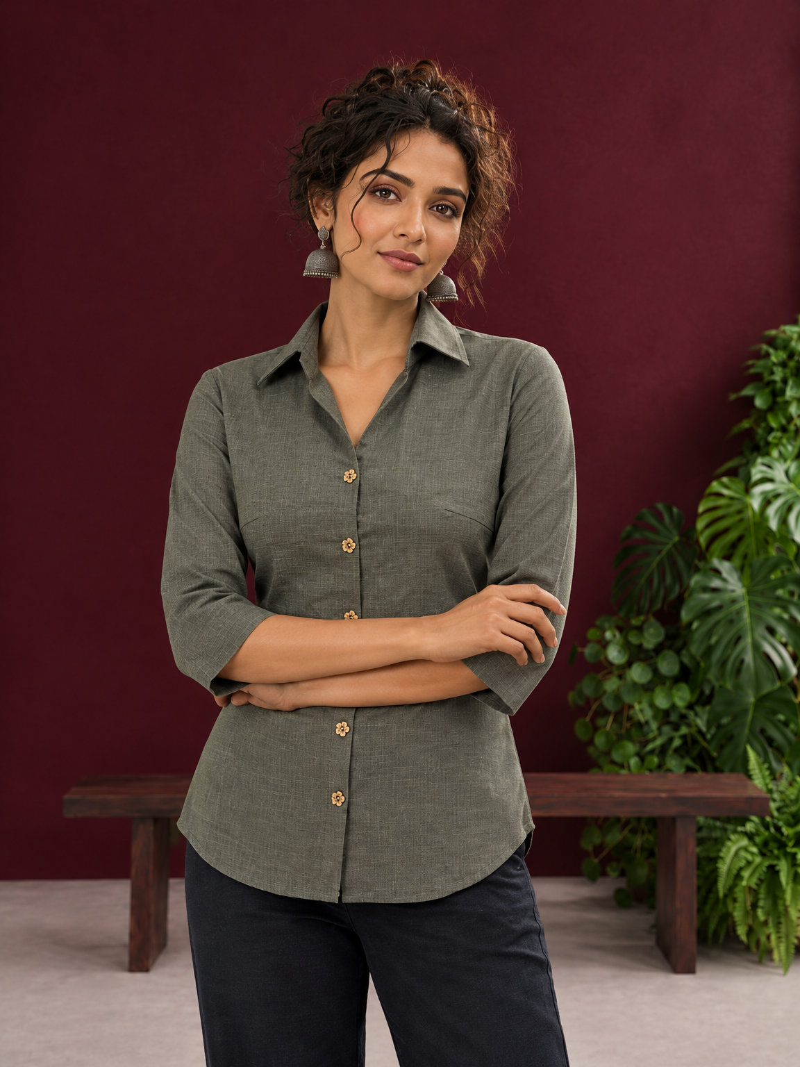 Classic Grey Cotton Shirt with Collared Neckline and Floral Wooden Button Detailing — styled view — view 4