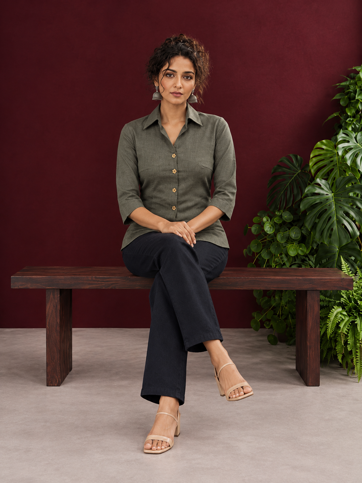 Classic Grey Cotton Shirt with Collared Neckline and Floral Wooden Button Detailing — seated — view 2