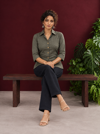 Classic Grey Cotton Shirt with Collared Neckline and Floral Wooden Button Detailing — seated