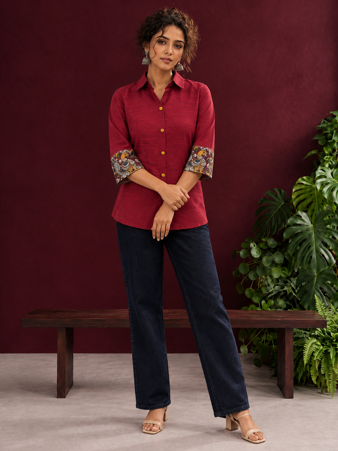 Elegant Maroon Cotton Silk Shirt with Kalamkari Printed Sleeve Cuffs & Back — front view — view 2