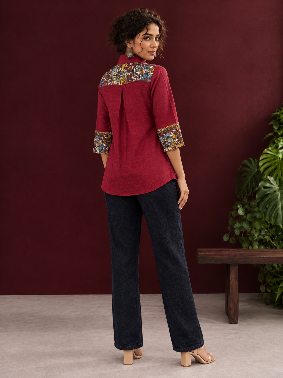 Elegant Maroon Cotton Silk Shirt with Kalamkari Printed Sleeve Cuffs & Back — back view — view 3