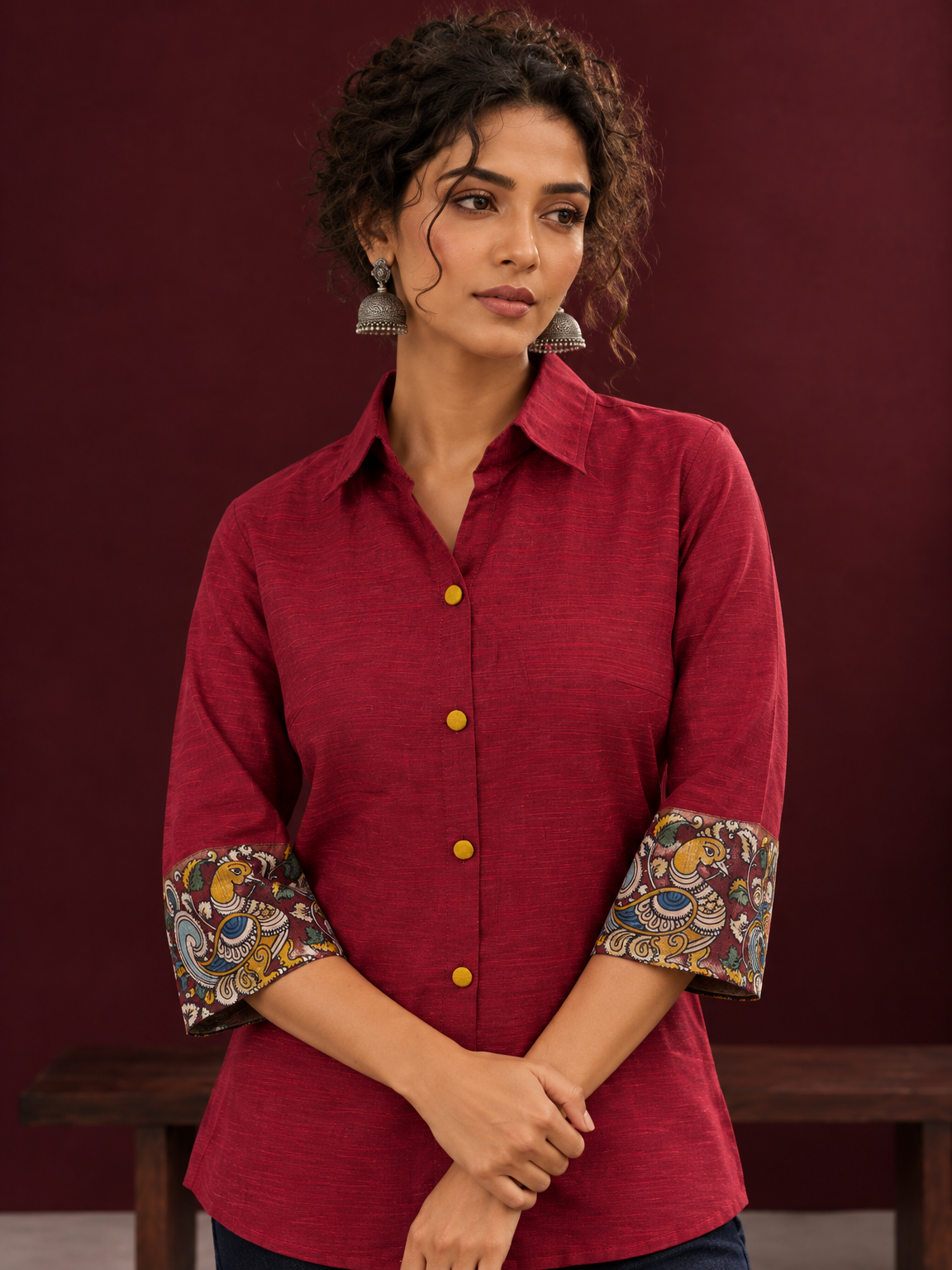 Elegant Maroon Cotton Silk Shirt with Kalamkari Printed Sleeve Cuffs & Back — fabric detail — view 4