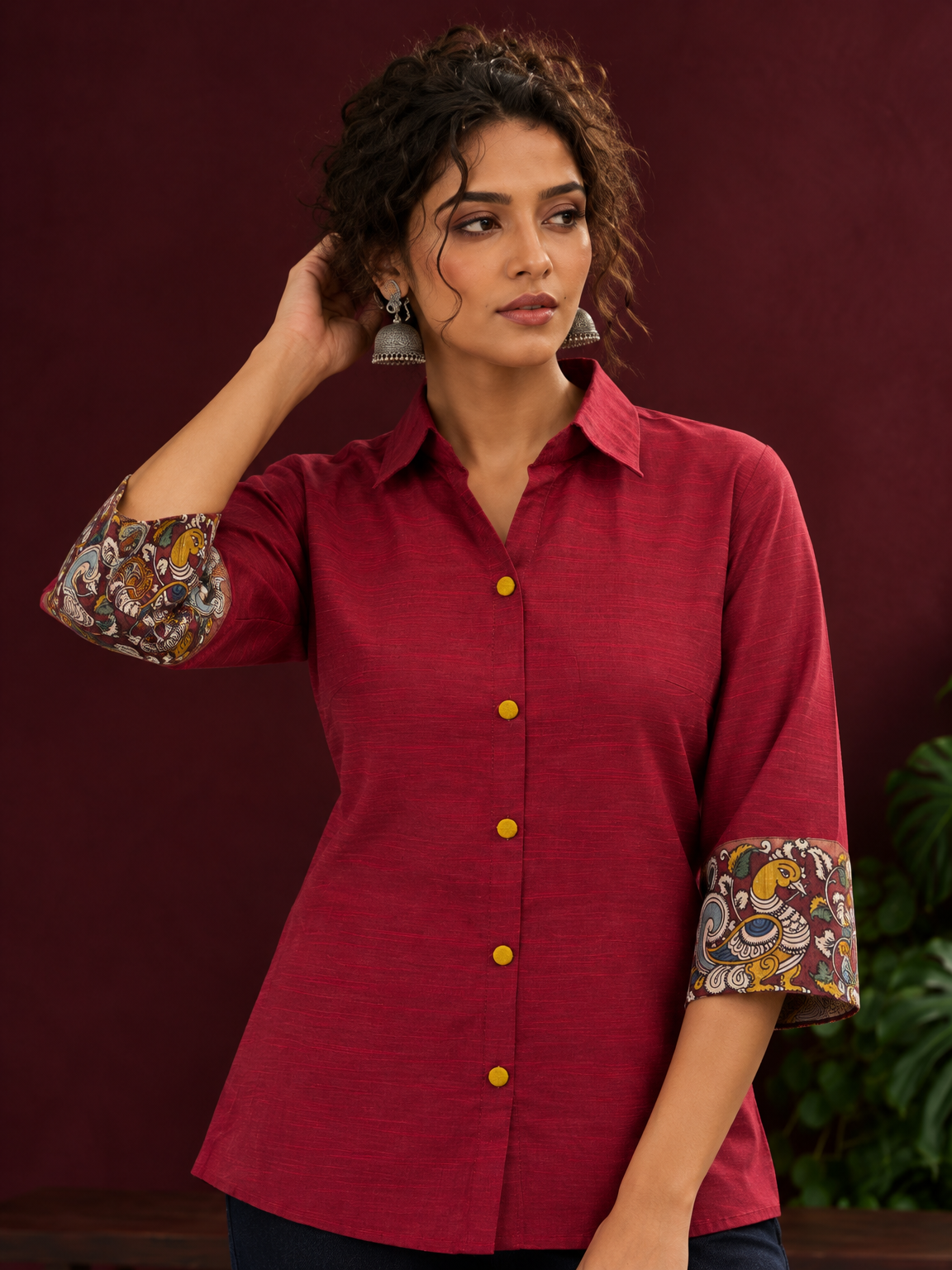 Elegant Maroon Cotton Silk Shirt with Kalamkari Printed Sleeve Cuffs & Back — styled view — view 5