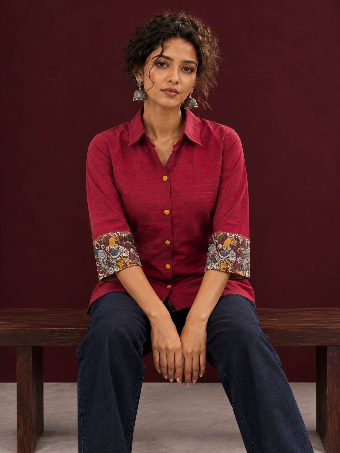 Elegant Maroon Cotton Silk Shirt with Kalamkari Printed Sleeve Cuffs & Back