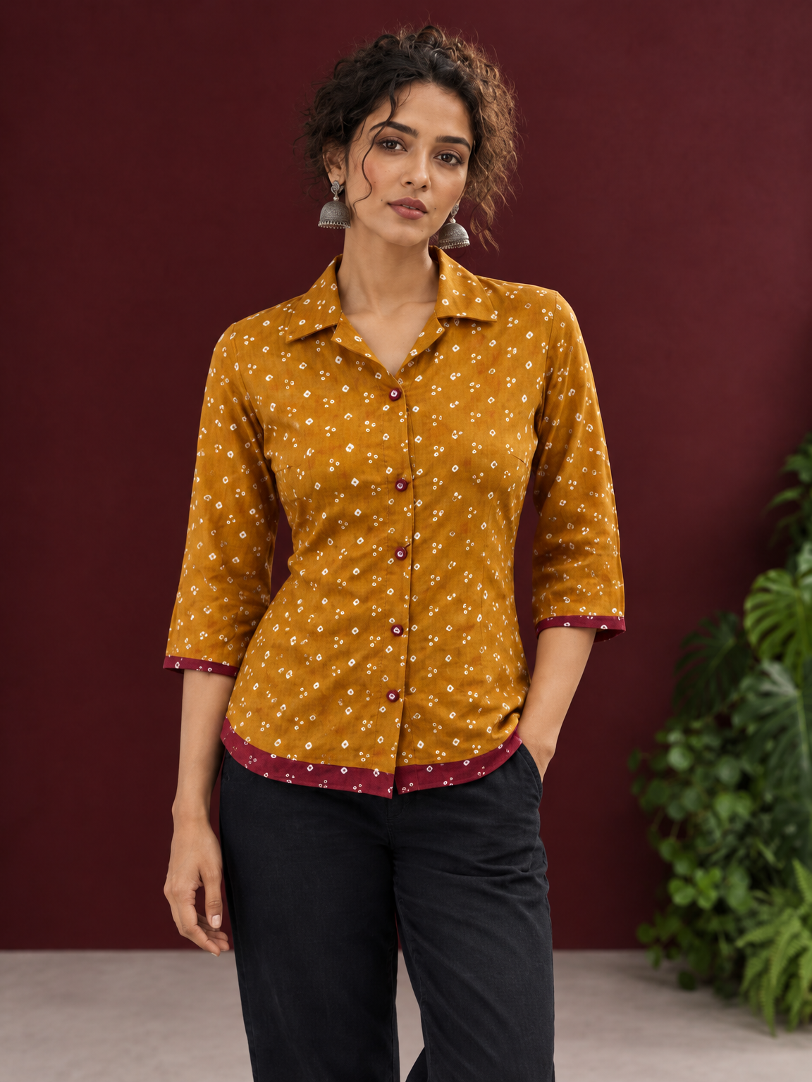 Mustard Bandhani Print Rayon Shirt with Contrast Maroon Hemline and Cuff Detailing — fabric detail — view 3