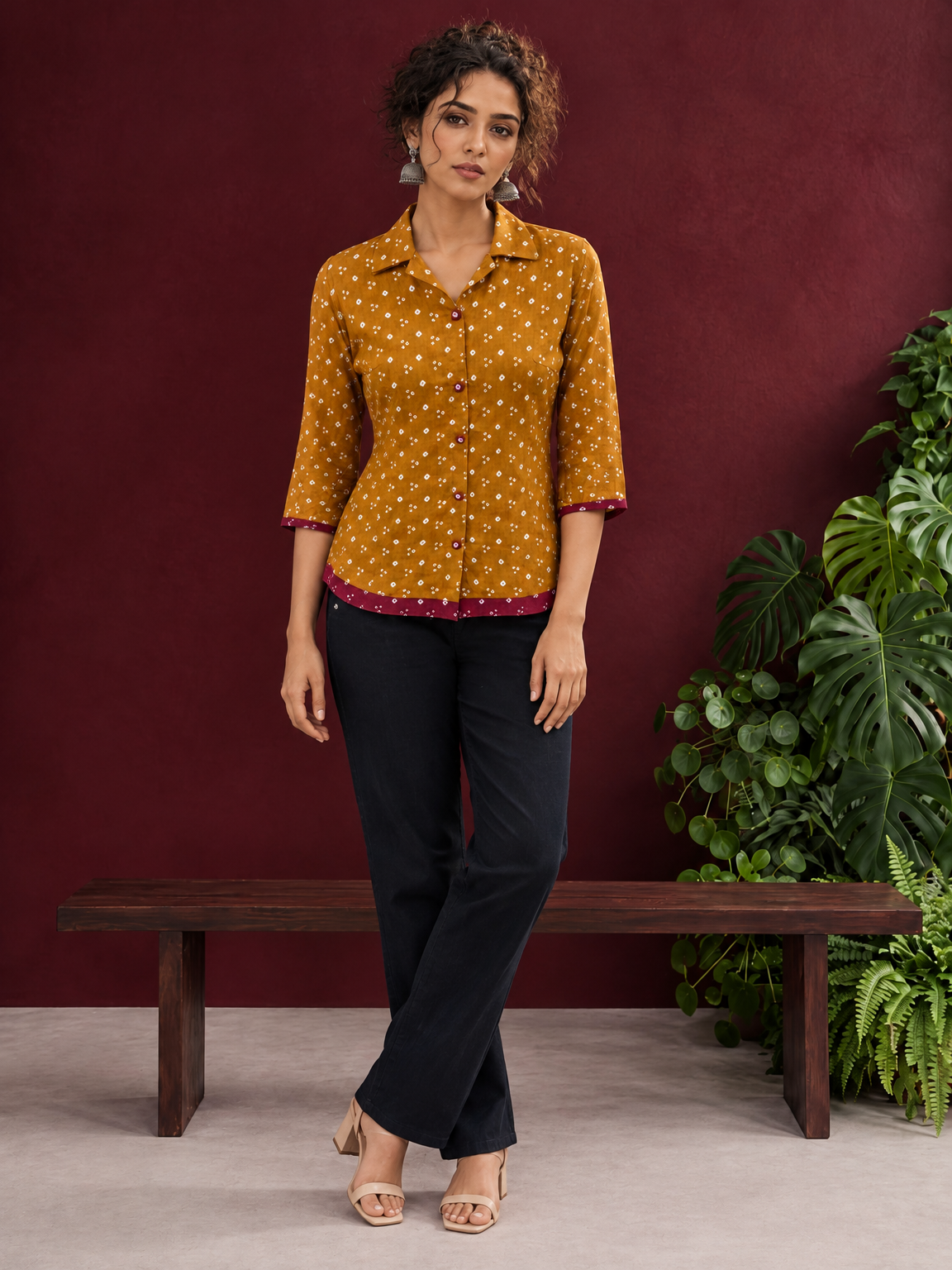 Mustard Bandhani Print Rayon Shirt with Contrast Maroon Hemline and Cuff Detailing — front view — view 2