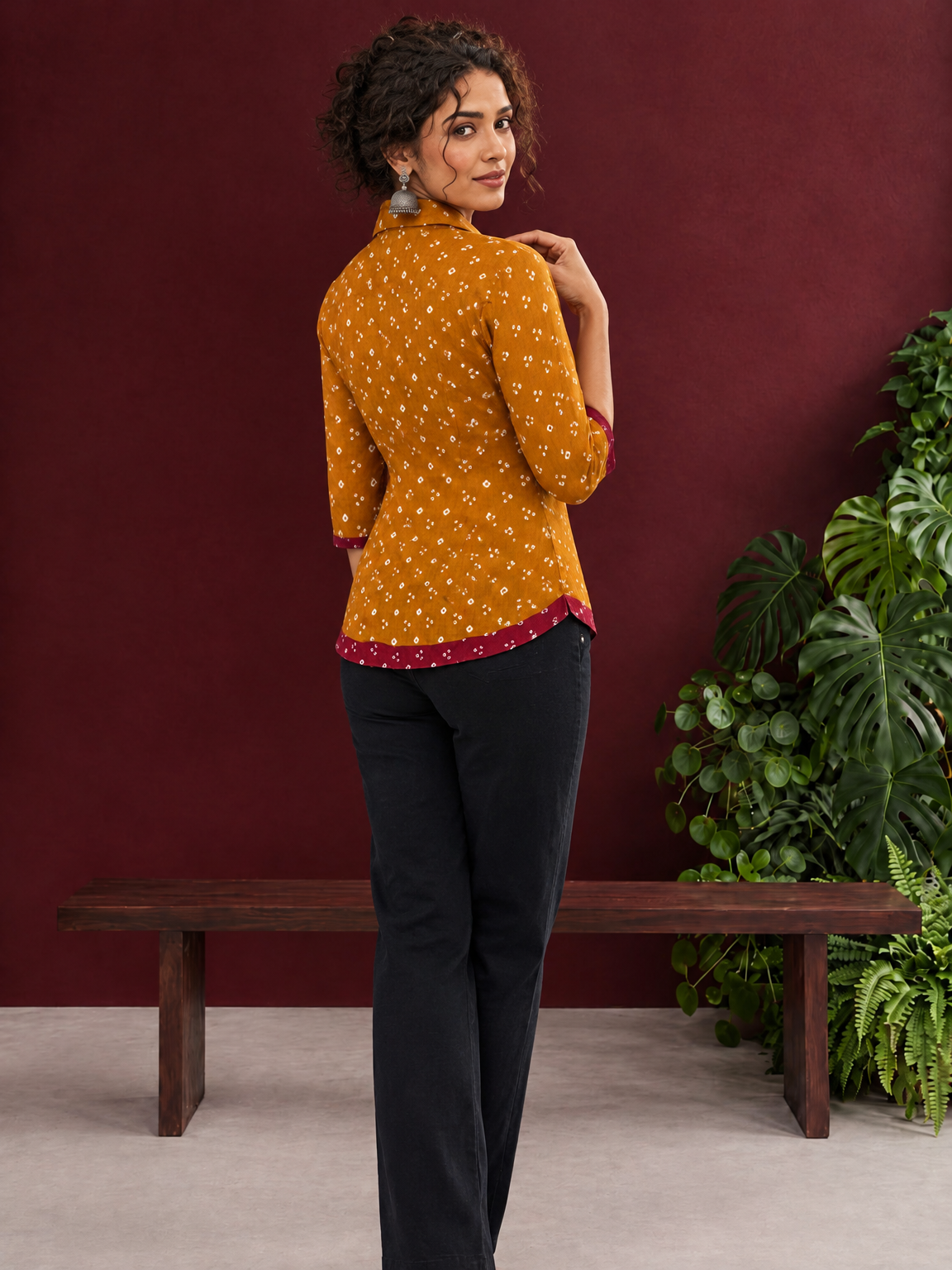 Mustard Bandhani Print Rayon Shirt with Contrast Maroon Hemline and Cuff Detailing — back view — view 5