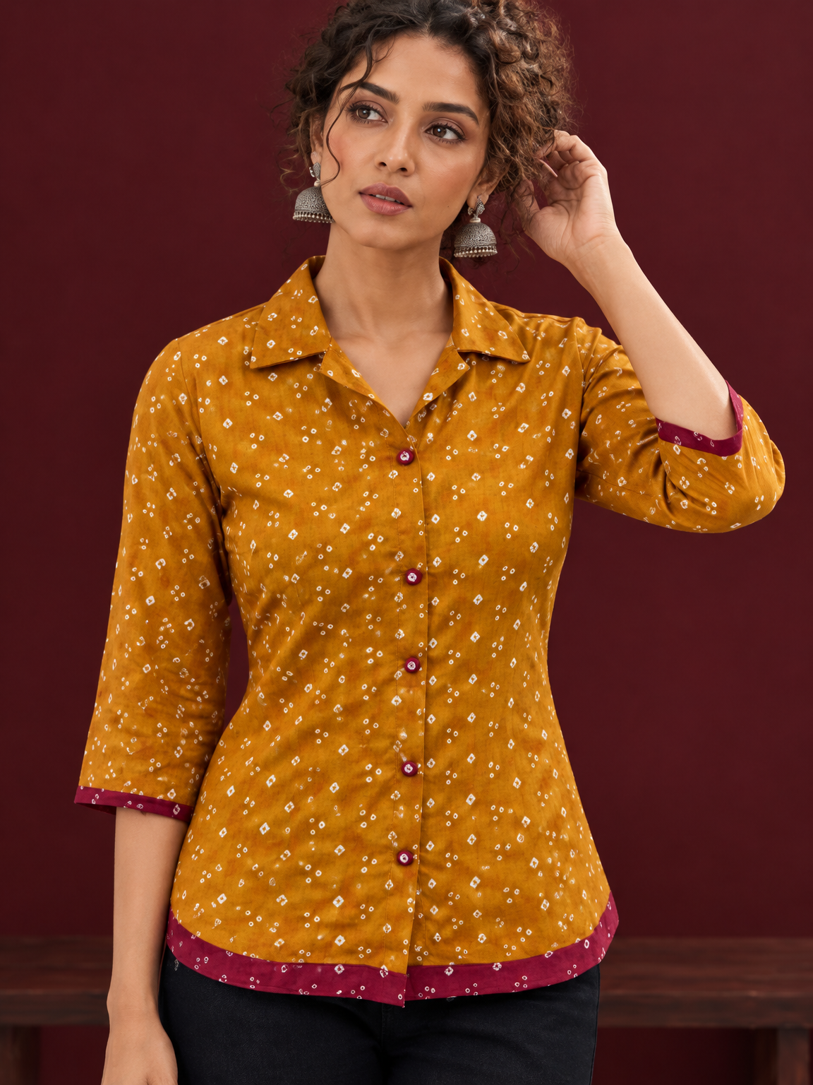 Mustard Bandhani Print Rayon Shirt with Contrast Maroon Hemline and Cuff Detailing — styled view — view 4
