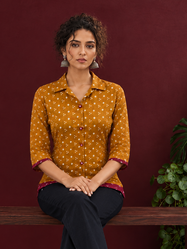 Mustard Bandhani Print Rayon Shirt with Contrast Maroon Hemline and Cuff Detailing