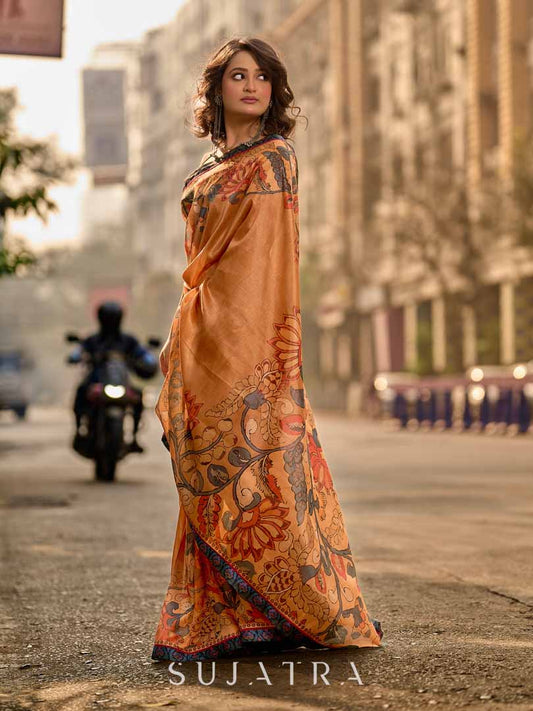 Classic Mustard Art Silk Saree with Traditional Kalamkari Print