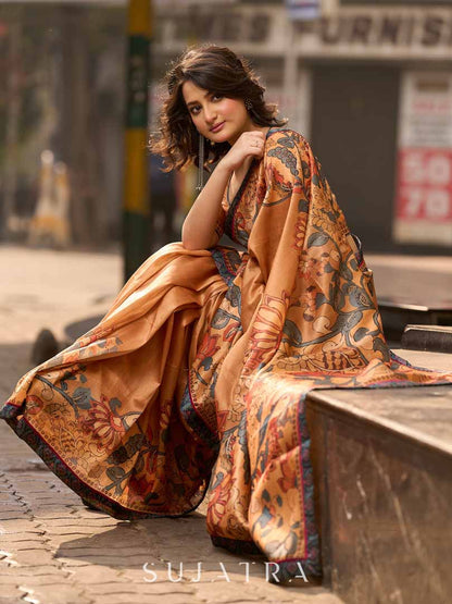 Classic Mustard Art Silk Saree with Traditional Kalamkari Print