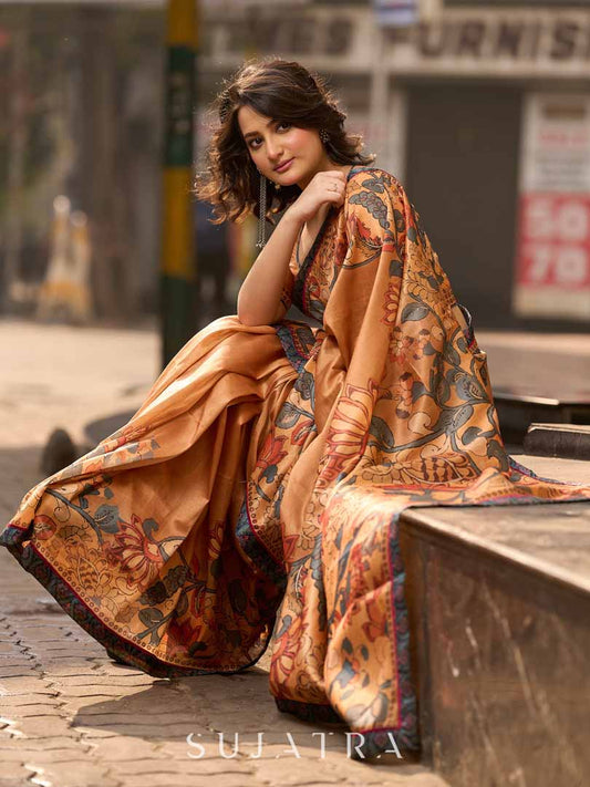 Classic Mustard Art Silk Saree with Traditional Kalamkari Print