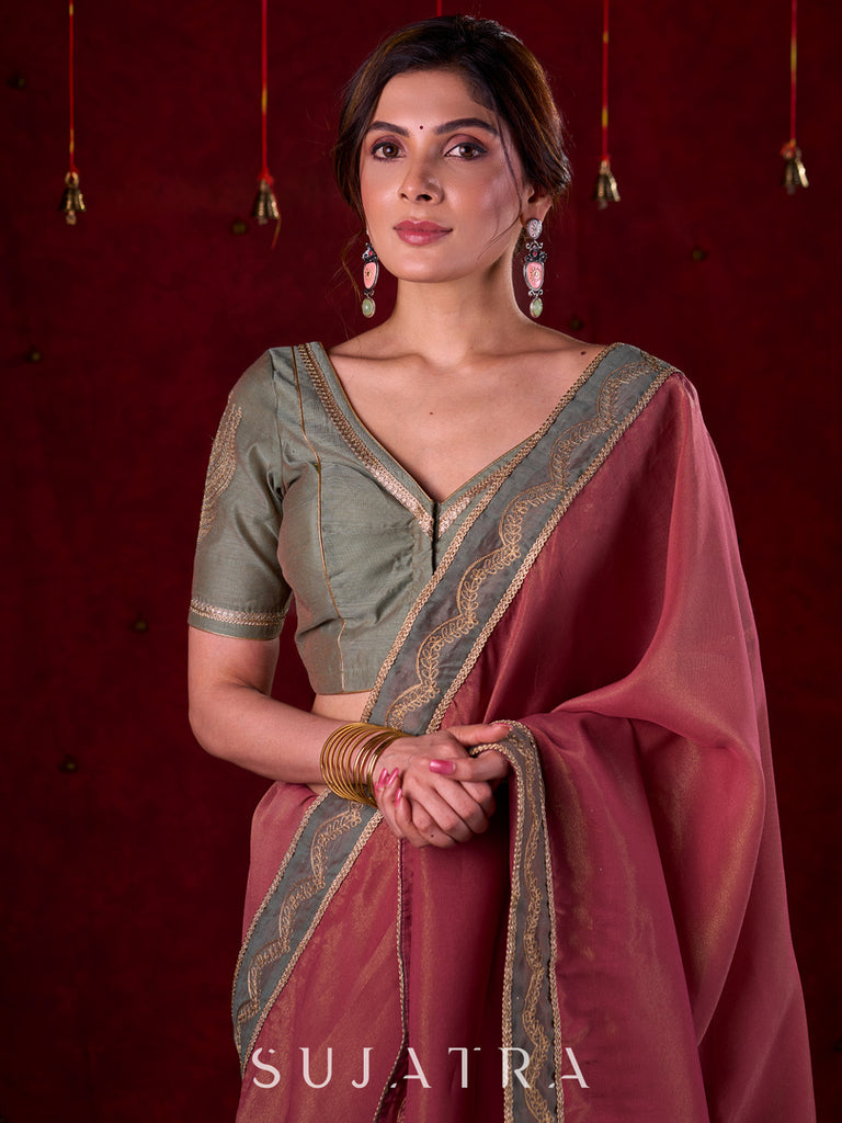 Soft Pink Silk Blend Saree with Intricate Green Chanderi Embroidered Border