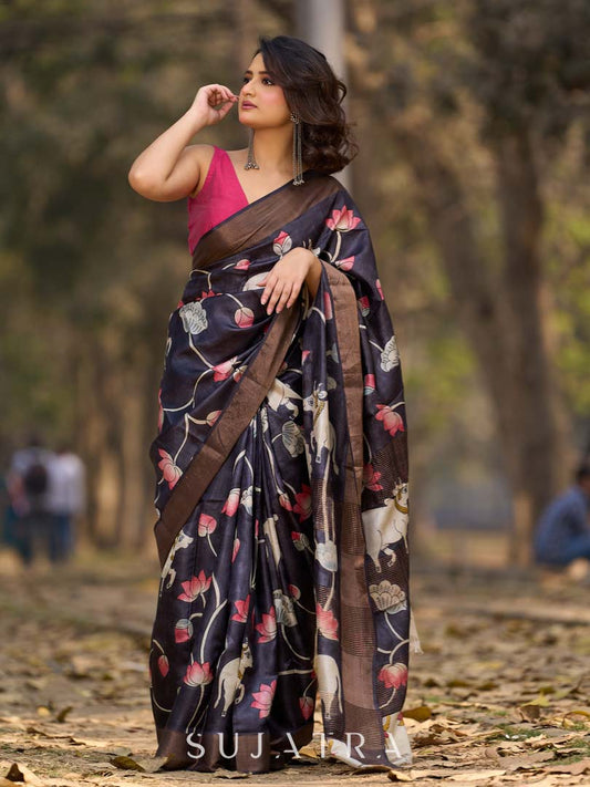 Midnight Black Tussar Silk Saree with Traditional Pichwai Print