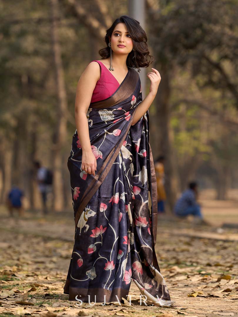 Midnight Black Tussar Silk Saree with Traditional Pichwai Print