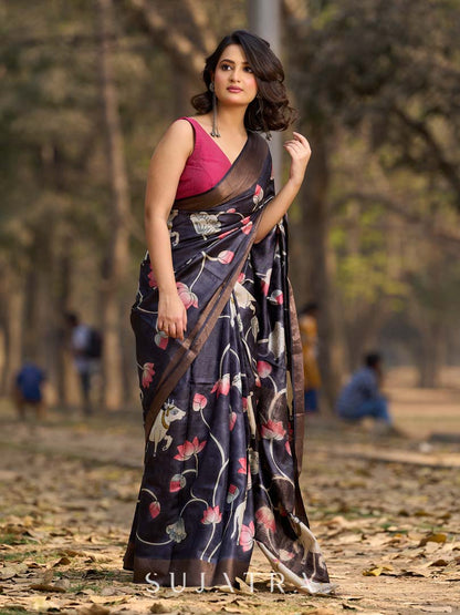 Midnight Black Tussar Silk Saree with Traditional Pichwai Print