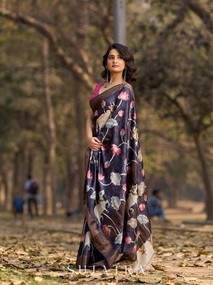 Midnight Black Tussar Silk Saree with Traditional Pichwai Print