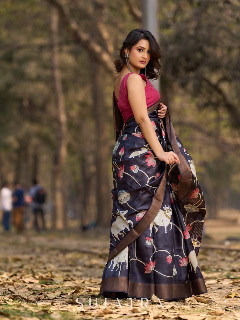 Midnight Black Tussar Silk Saree with Traditional Pichwai Print