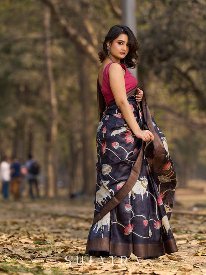 Midnight Black Tussar Silk Saree with Traditional Pichwai Print