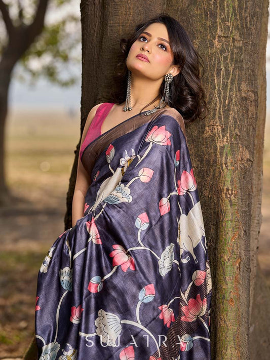 Midnight Black Tussar Silk Saree with Traditional Pichwai Print