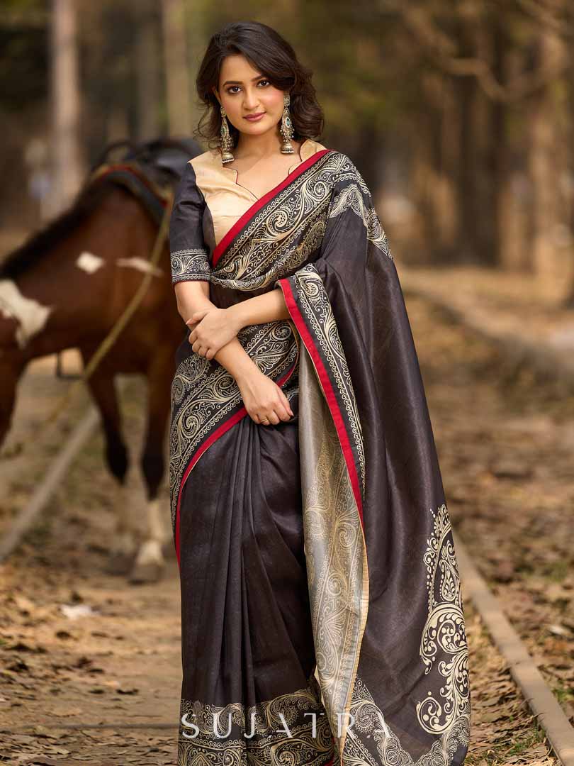 Bold Black Art Silk Saree with Traditional Printed Border & Statement Pallu