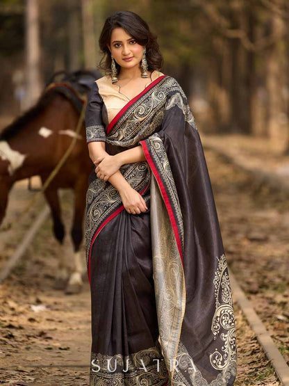 Bold Black Art Silk Saree with Traditional Printed Border & Statement Pallu