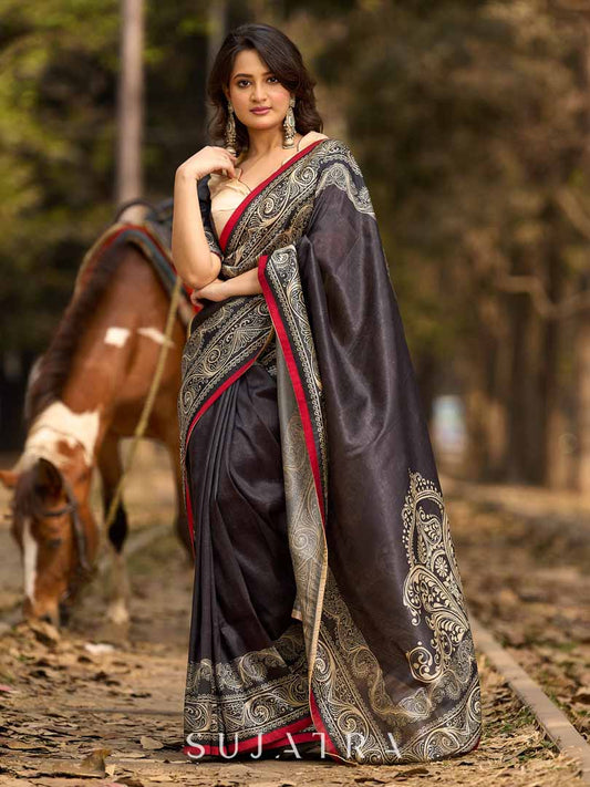 Bold Black Art Silk Saree with Traditional Printed Border & Statement Pallu